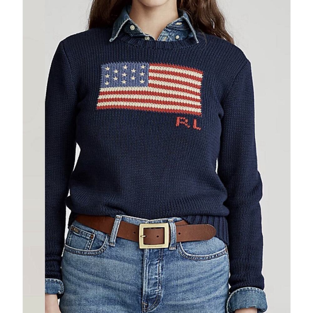 Polo Ralph Lauren Women's 100% Cotton USA Flag Sweater Sweater in Blue Size Med - Picture 5 of 6